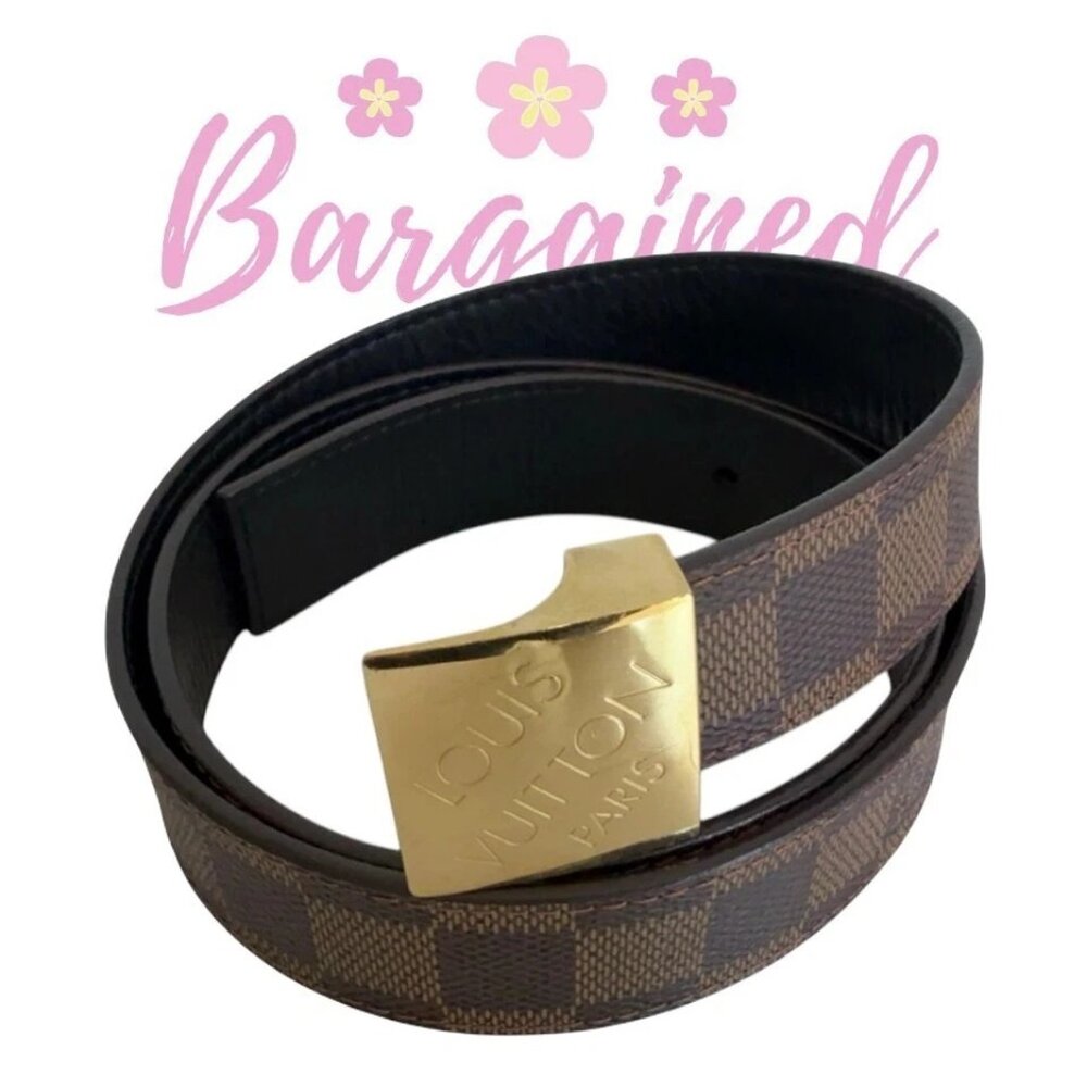 Auth Louis Vuitton Brown Damier Coated Canvas Leather Gold Buckle Belt 85/34